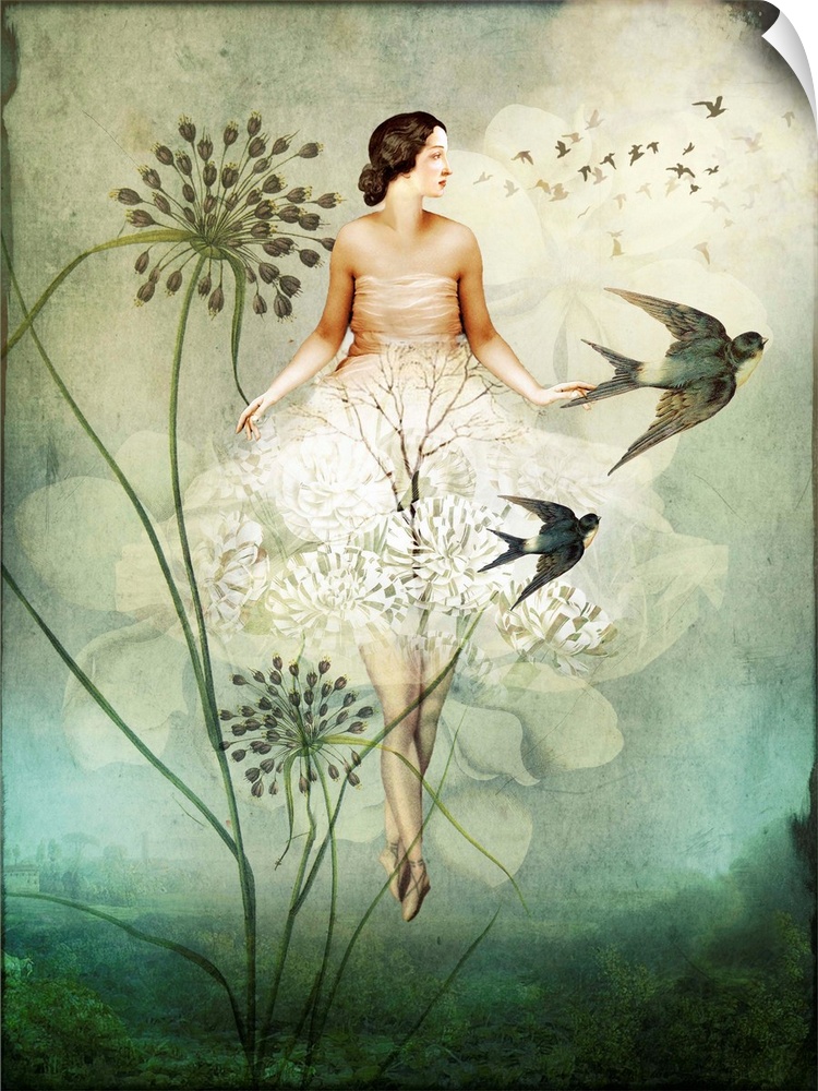 A woman floating in the sky with white flowers as bird passes by.
