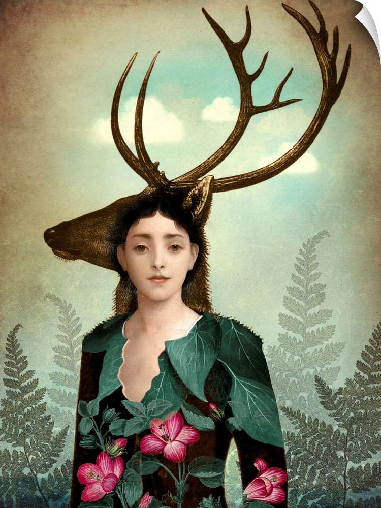 A portrait of a young lady in a floral dress who is surround by large fern leaves.  A profile of a stag is directly behind...