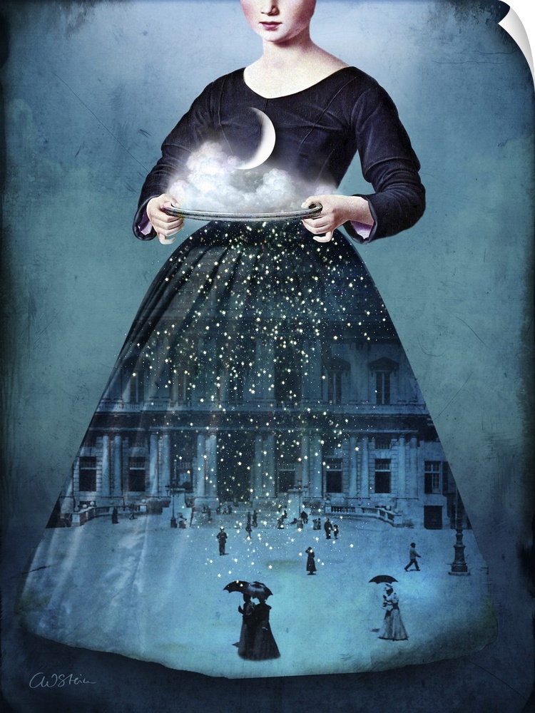 A woman is holding a plate containing the moon and clouds, while a city street scene is shown on the skirt of her dress.