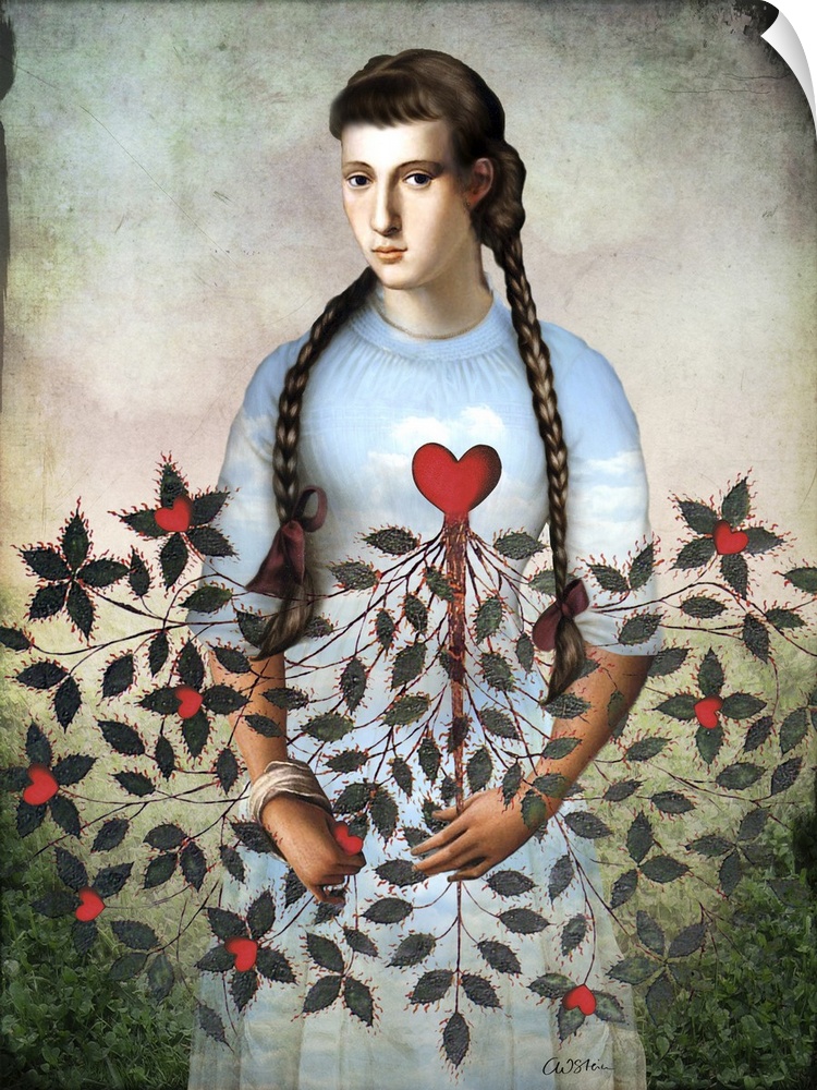 A lady with a dress made of a cloud sky is holding a vine of hearts.