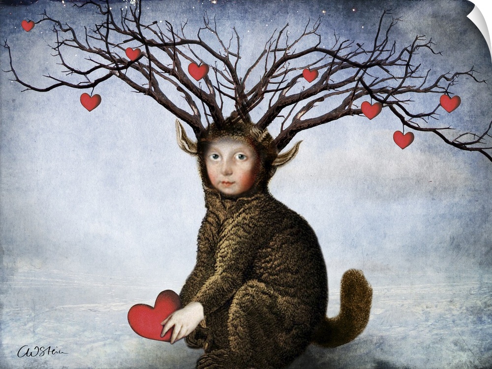 A horizontal composite of a tree with hearts deriving out of a mythical creature.