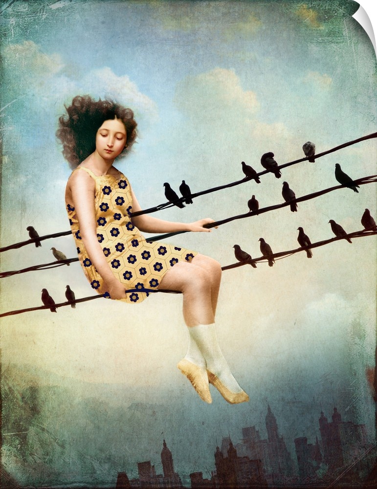 A woman in a yellow dress in sitting on a power line with a row of birds over a city skyline.