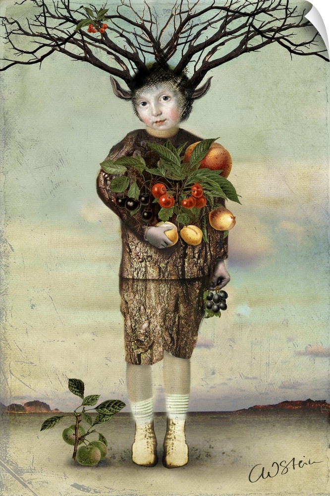A mythical creature is holding a variety of fruit from a harvest.