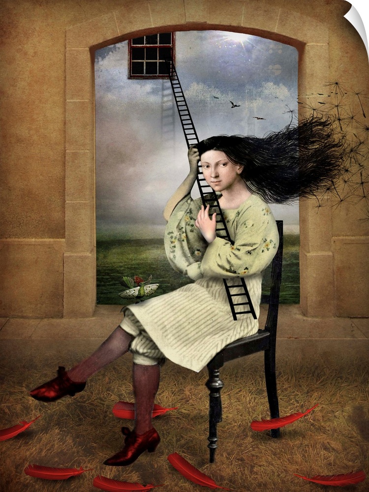 An abstract design of a female holding a ladder to a window with red feathers at her feet.