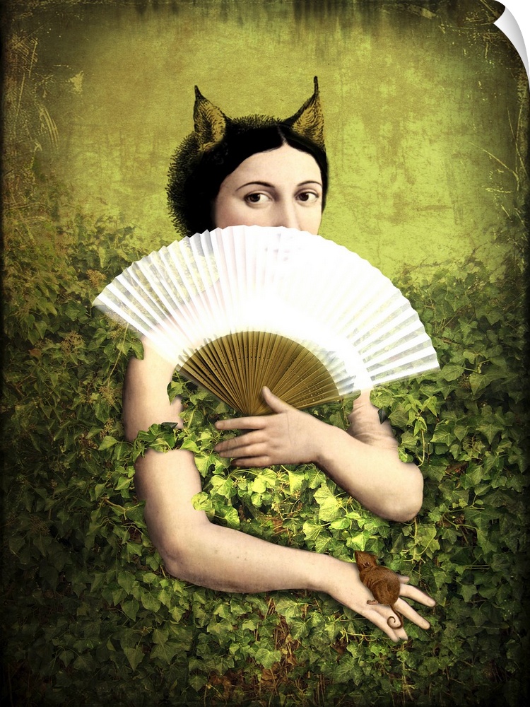 A mixed media painting of a woman peering above a fan.
