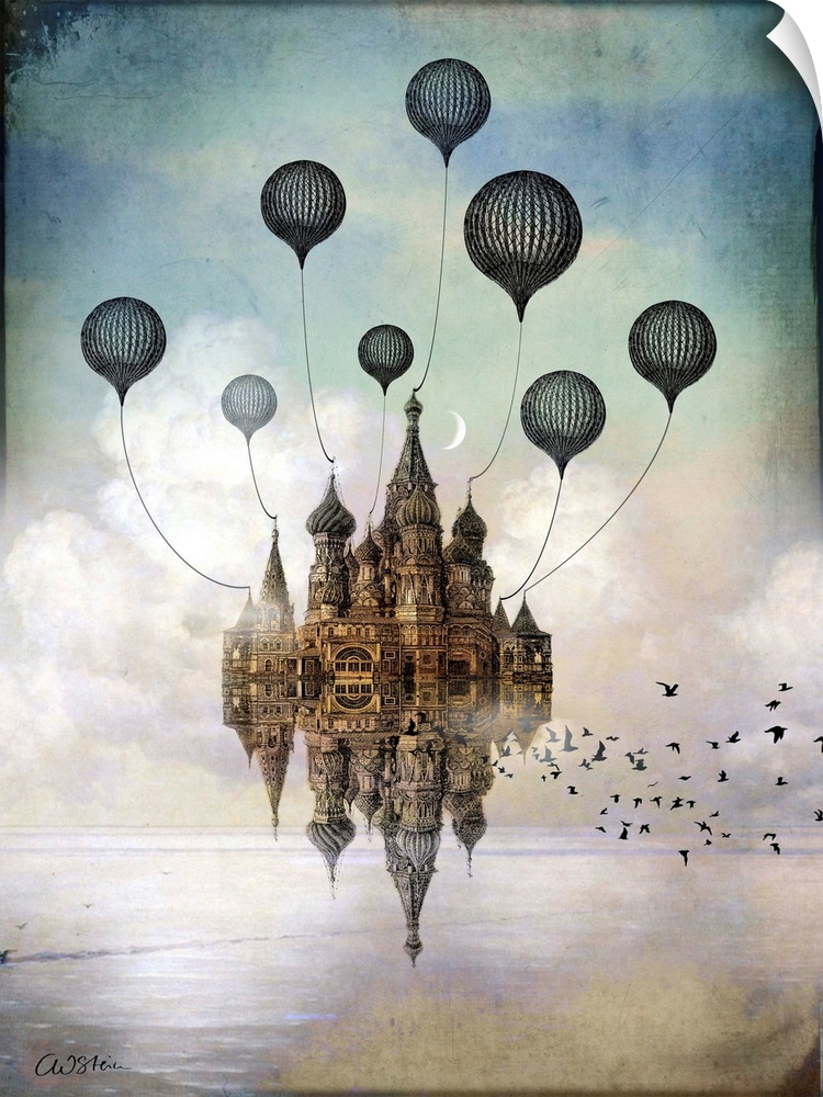 A vertical digital abstract painting of a building floating in the sky with balloons.
