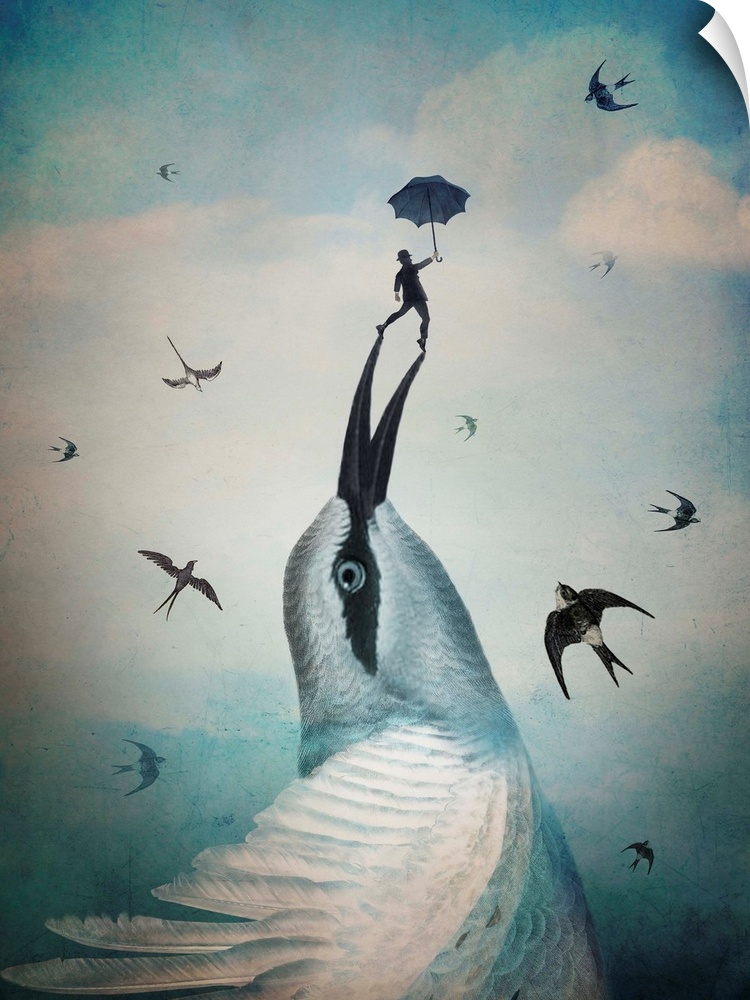 A small man with an umbrella is balancing on the tip of a large bird's beak while other birds fly by.