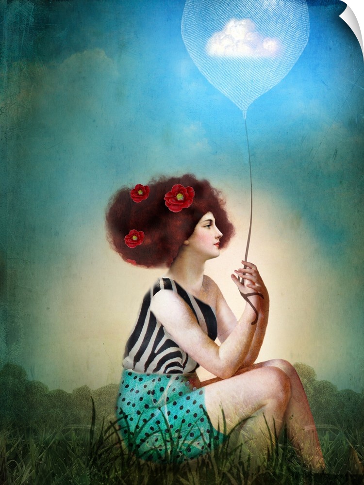 A young lady is sitting in a field holding a balloon that has a cloud in it.