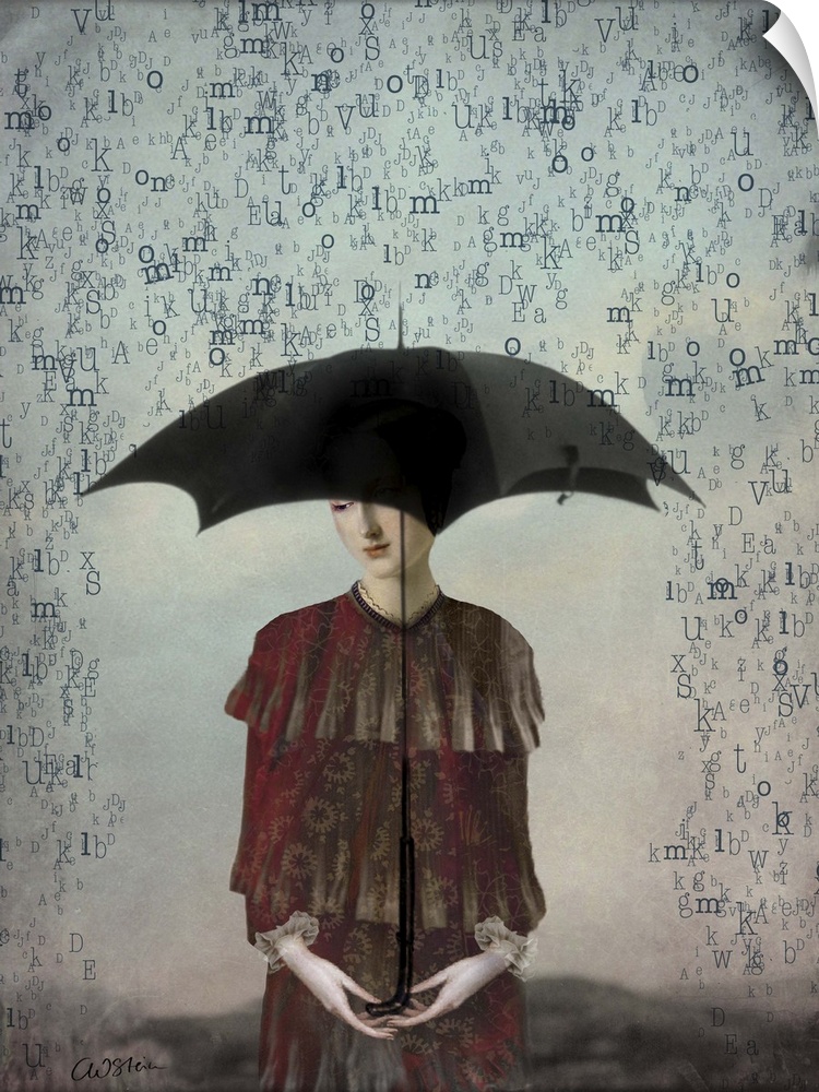 A digital illustration of a female under an umbrella, being showered by letters.