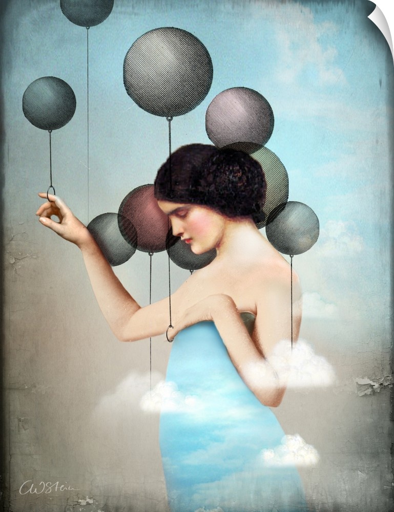 A woman with a dress made of a blue sky is holding onto some balloons.
