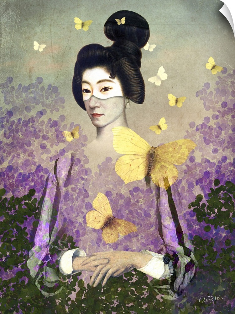 A composite image of a madame butterfly, with beautiful yellow butterflies surrounding the woman.