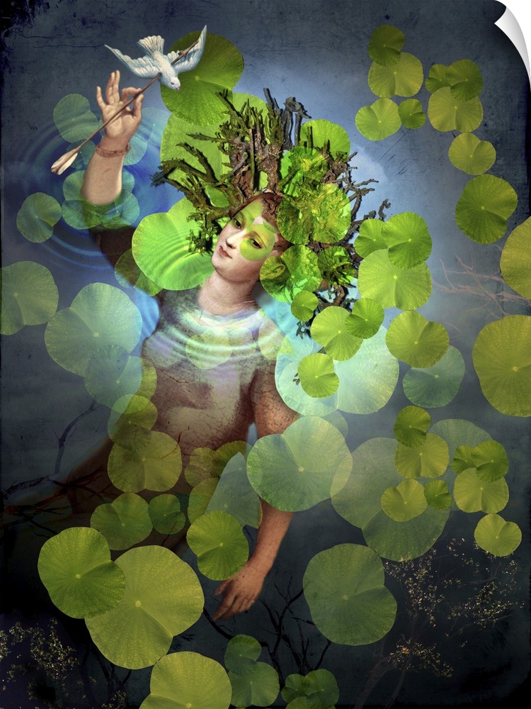 A woman emerging from a pond full of lily pads, with an arrow piercing a bird in her hand.