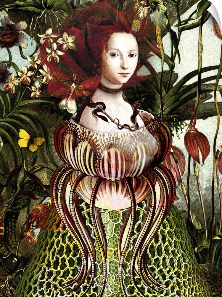 A woman with a red rose for hair and a snake around her neck, emerging from a flower in a garden.