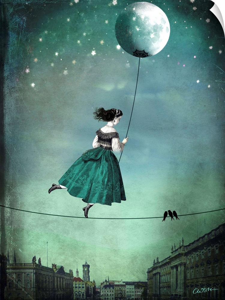 A digital composite of a female on a high-wire with a balloon.