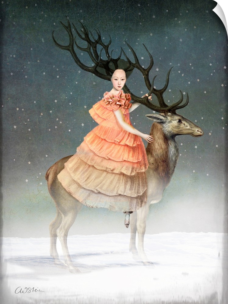A woman in a peach dress and antlers on her head is riding a large stag in the snow.
