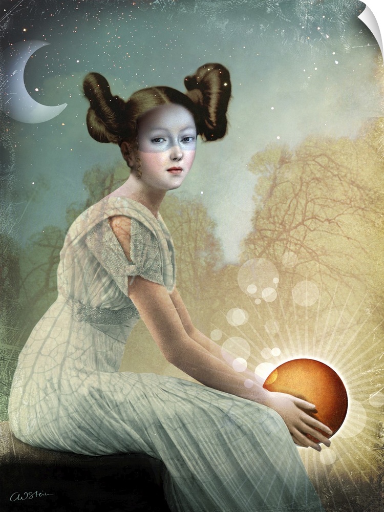 A young lady in a white dress is holding the sun in her hands as the crescent moon is shining behind her.
