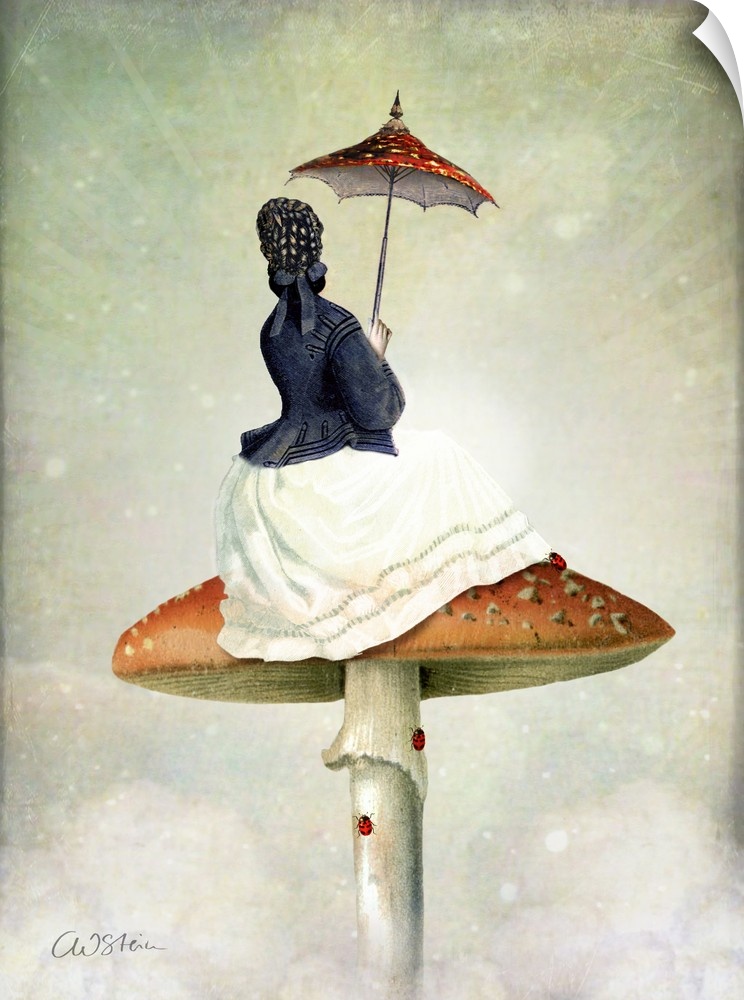 A lady with a small umbrella is sitting on a mushroom as lady bugs crawl on it.