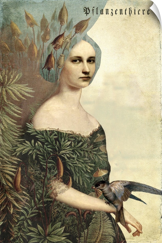 A woman with a dress made of plants, has a bird perched on her wrist and the text "pflanzenthiere" above.