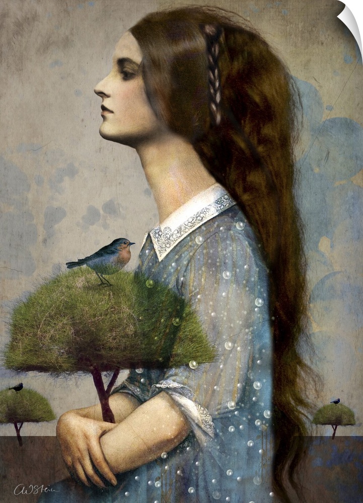 A profile of a woman with long hair, holding a tree with a blue bird in it.