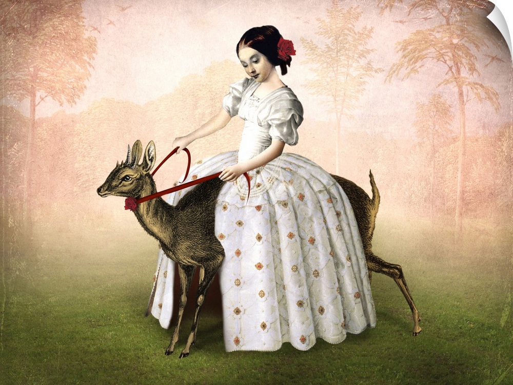 A young girl in a white dress is riding a fawn.