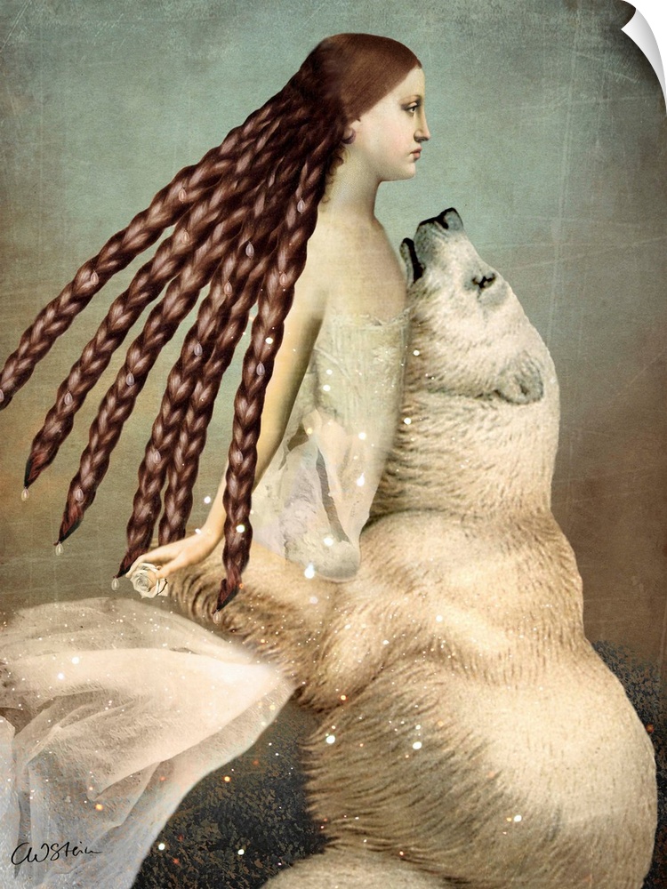 A digital composite of a polar bear embracing a female with long hair.