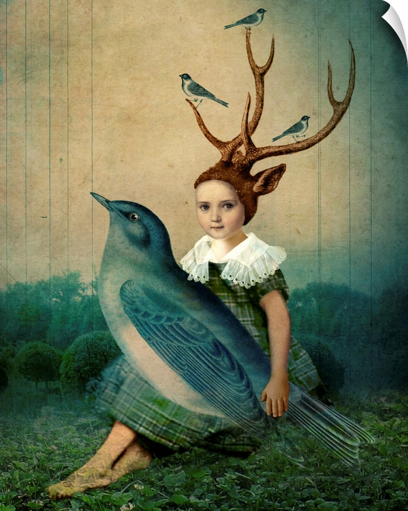 A child with antlers holding a large blue bird in her lap.