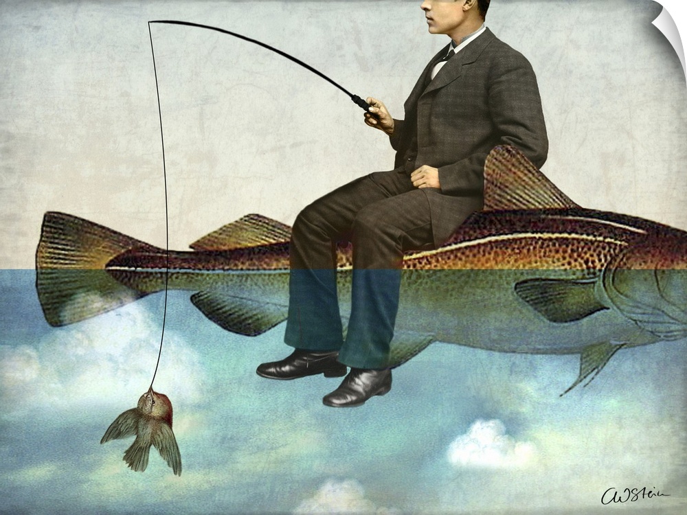A digital composite of a man sitting on a large fish while fishing for a small bird.
