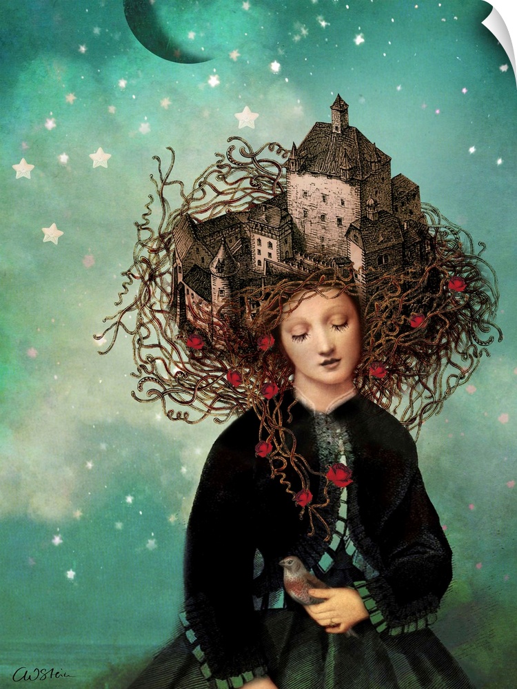 A digital composite of a female with a castle on top on her head, holding a bird.