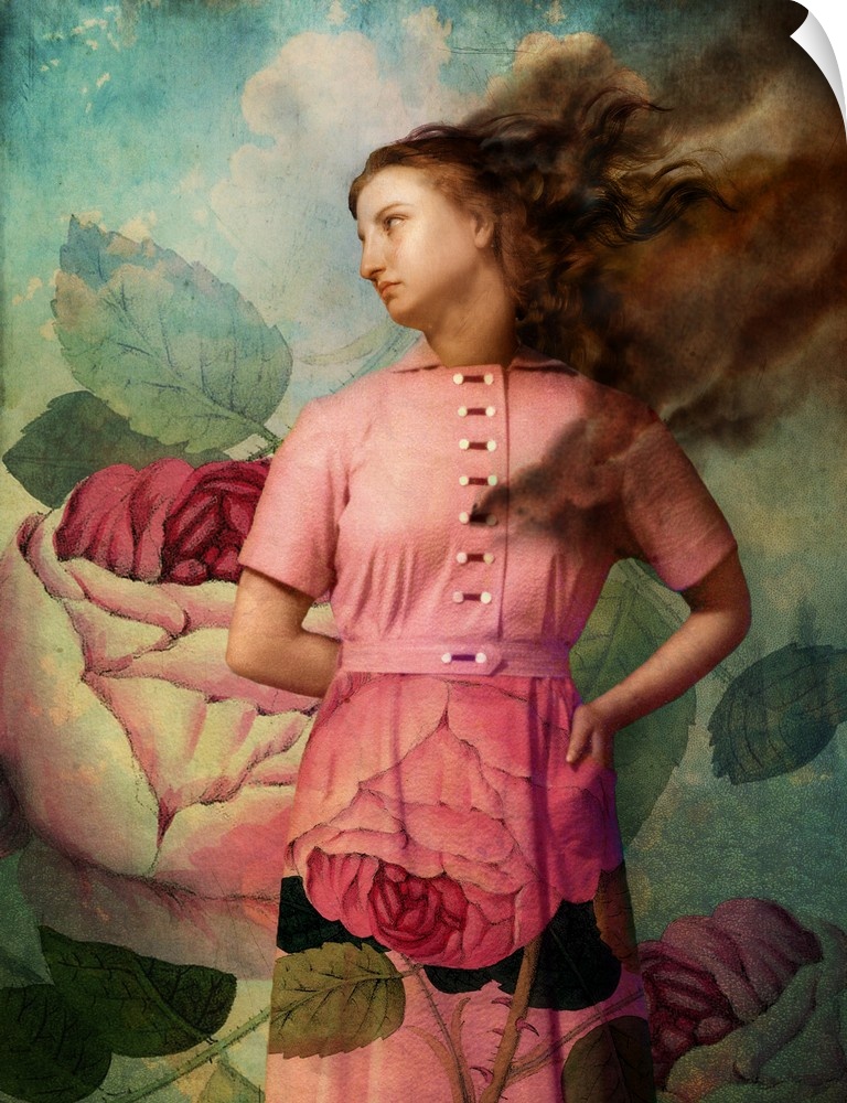 The wind is blowing through the hair of a lady with a pink dress with roses on the skirt.  There is a cloudy sky and a lar...
