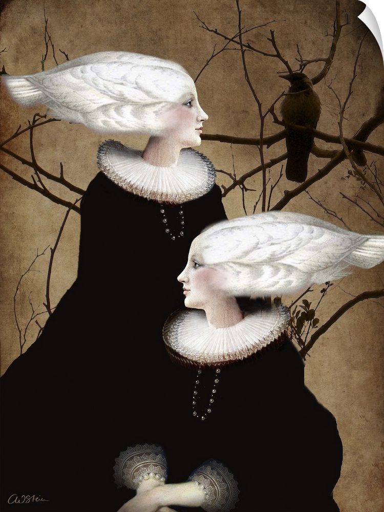 Two woman dressed in black with white bird feathers for hair.