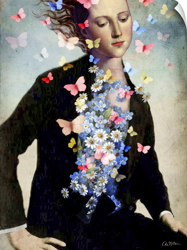 A female dressed in black with a cluster of flowers and butterflies coming from her chest.
