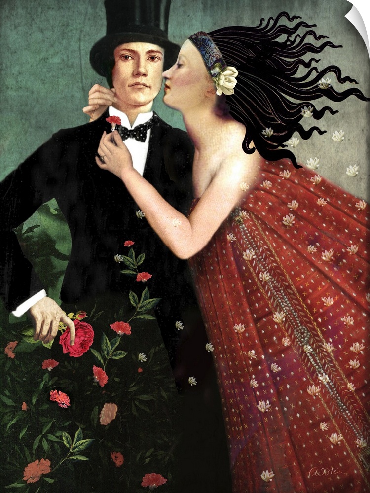 A digital composite of a man being embraced by a female in red.