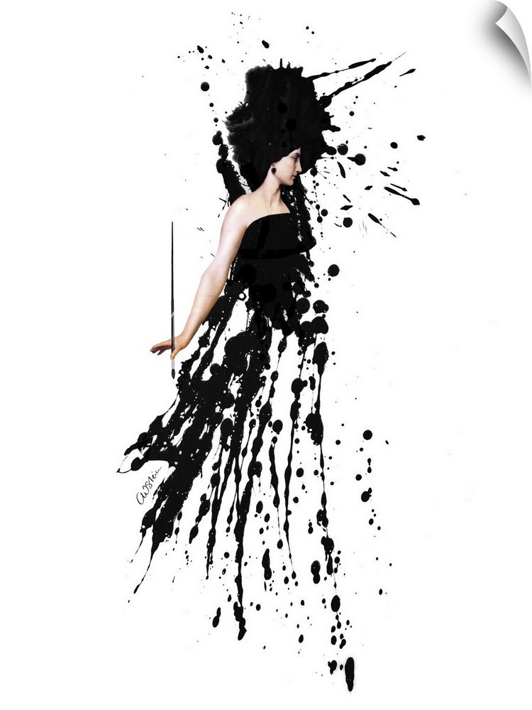 A woman holding a paint brush has an outfit made out of black paint splatters.