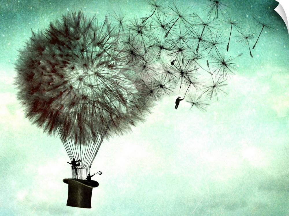 An abstract illustration of large dandelions as hot air balloons.