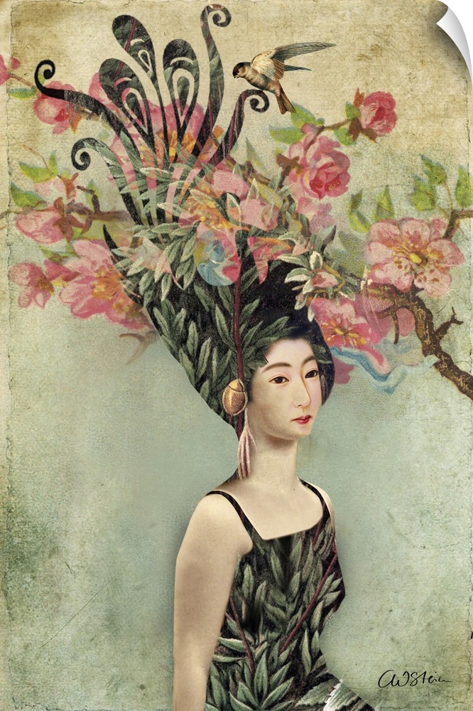 A portrait of a woman with a cherry tree in her hair.