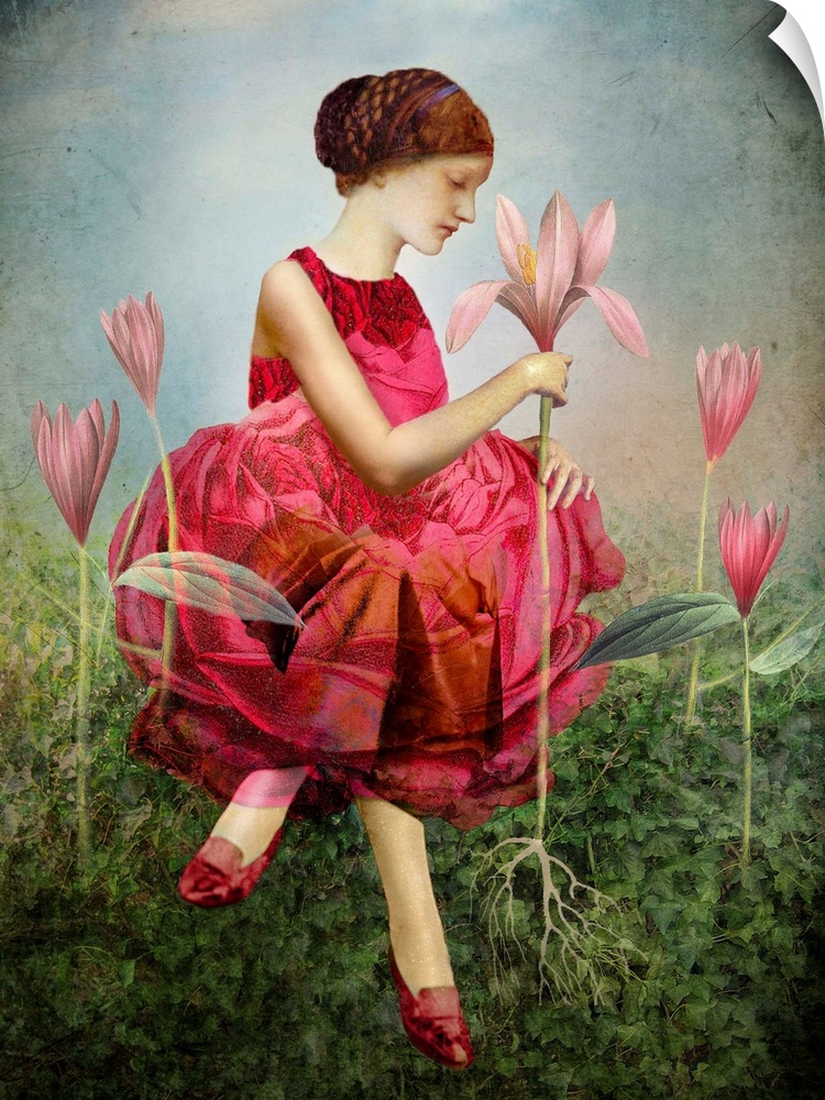 A lady with a rose dress in sitting in a field of flowers, picking the one that is in bloom.