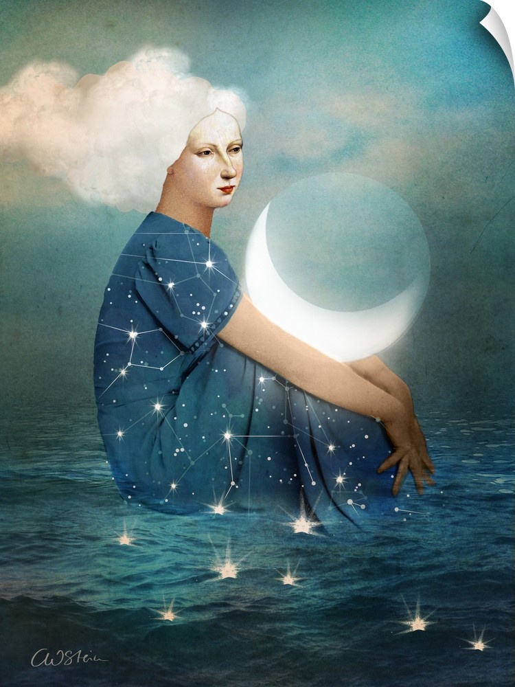 Conceptual artwork of a woman with constellations on her dress, sitting in the ocean with the moon on her lap and clouds a...