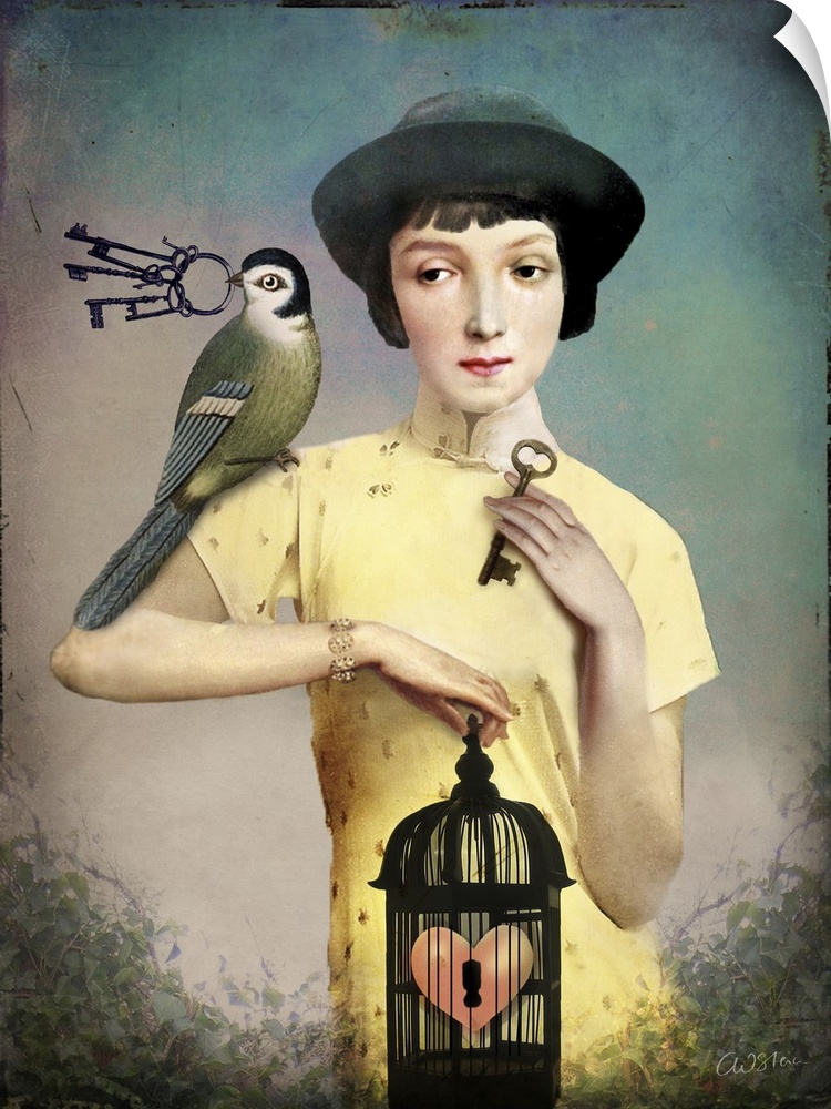 A lady in yellow is holding a key and a birdcage with a heart.  A bird is perched on her shoulder and is carrying a ring o...