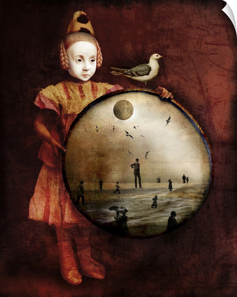An abstract composite of a child holding an image of people walking on a beach, with a bird perched on top of it.