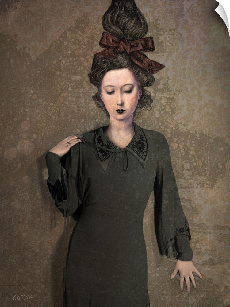 A portrait of a lady in a black dress with a red bow in her hair.