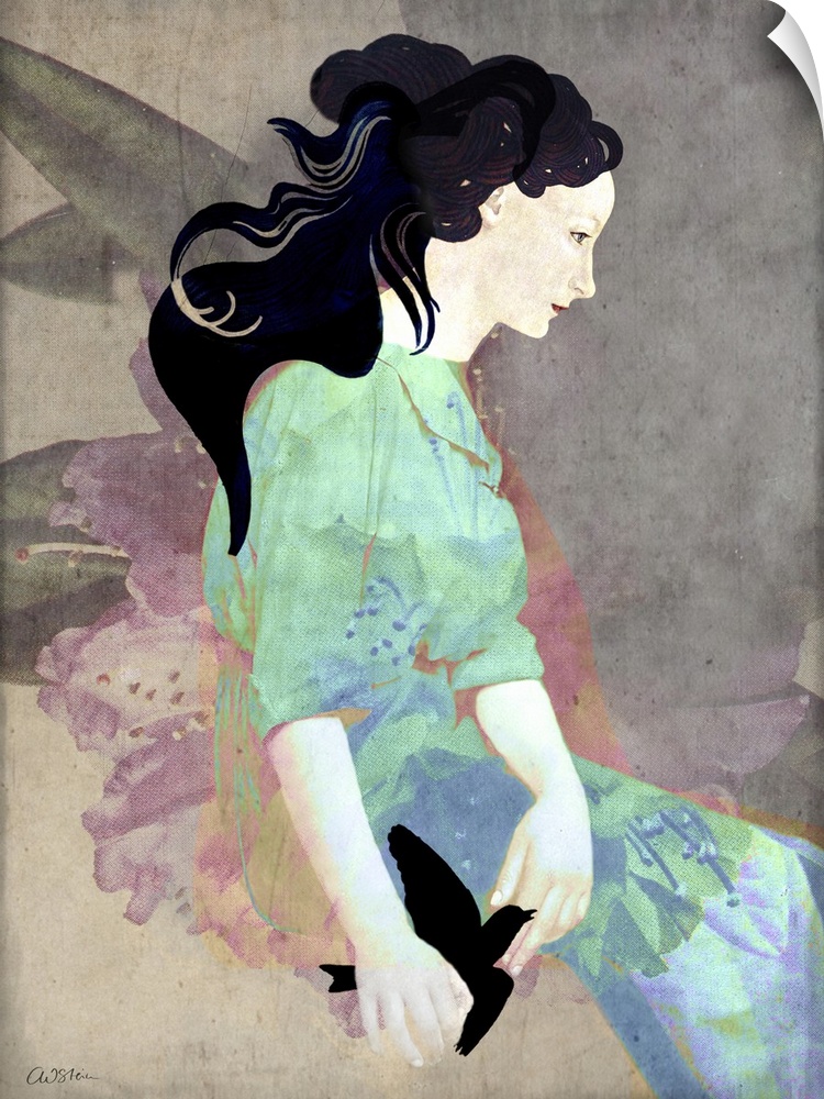A serene image of a woman wearing a floral dress in pastels while holding a black bird.