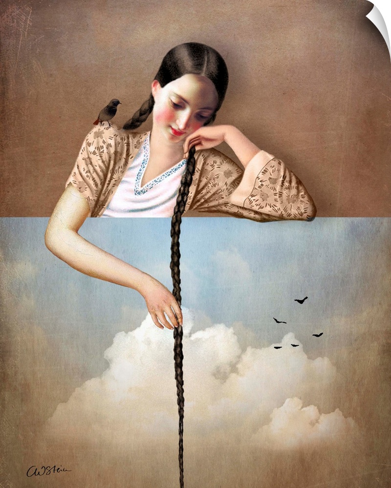 A interesting version of the Rapunzel tail, a lady with a long braid is looking down at the sky.