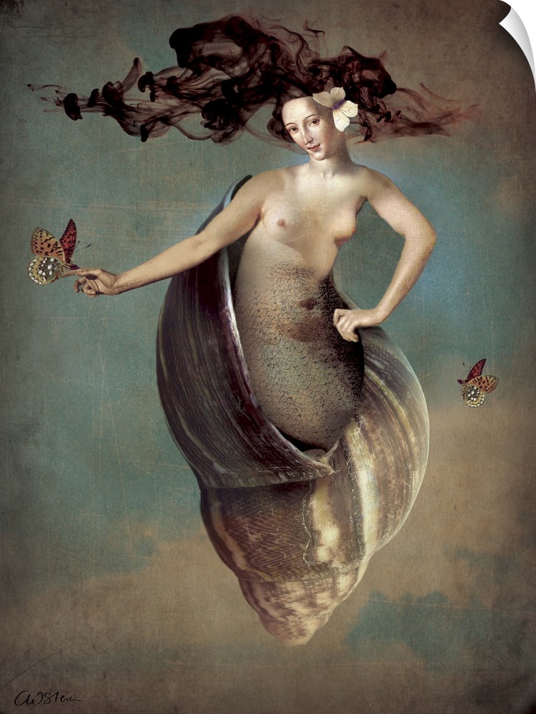 A nude woman protruding from a large shell with butterflies flying around her.