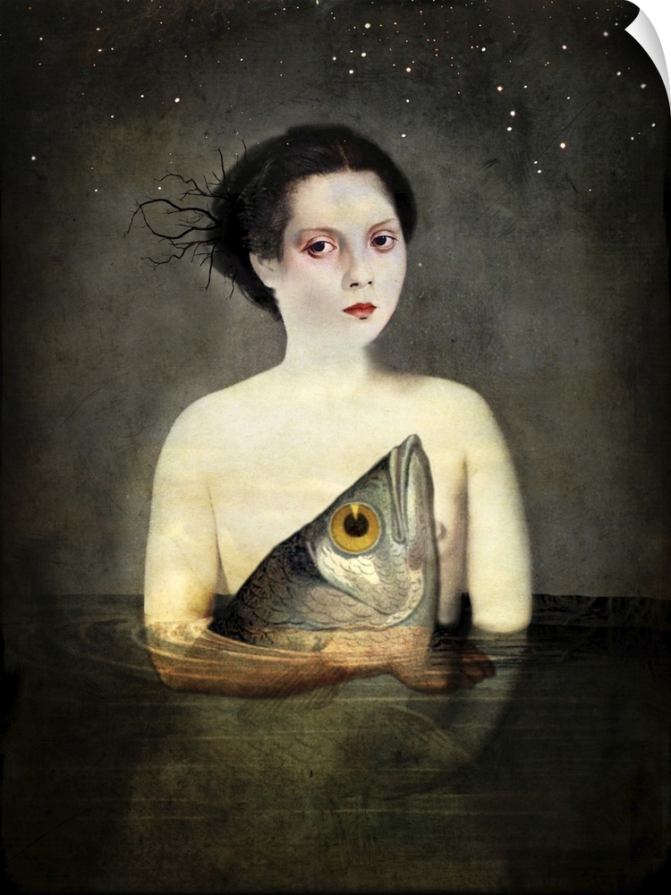 Composite artwork of a female under the stars, holding a large fish while in water.