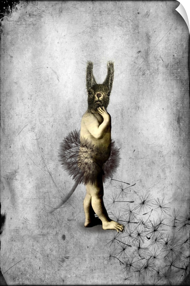 A digital composite of a mythical creature made up of a human, squirrel and dandelion with a textured gray background.