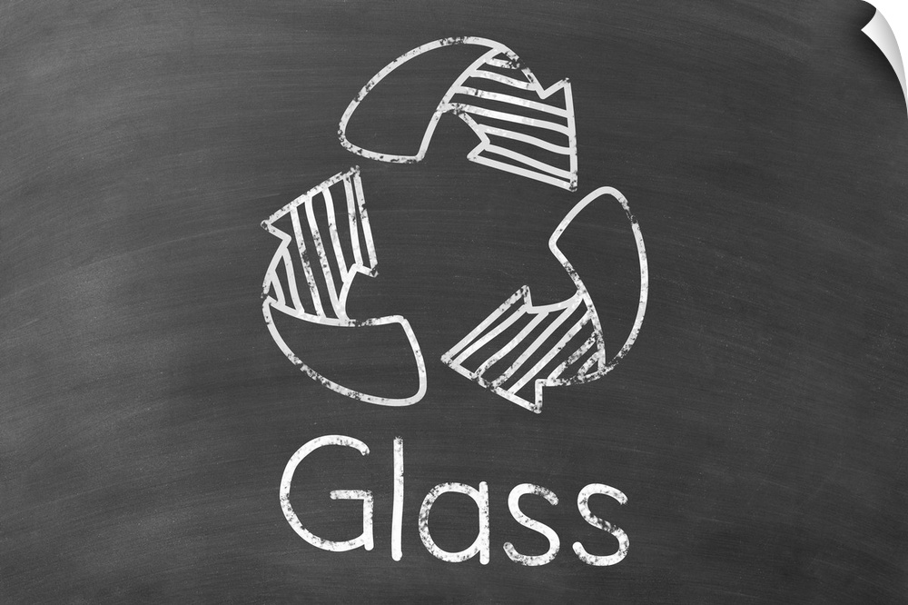 Recycling symbol with "Glass" written underneath in white on a black chalkboard background.
