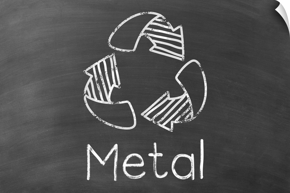 Recycling symbol with "Metal" written underneath in white on a black chalkboard background.