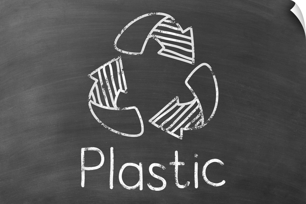 Recycling symbol with "Plastic" written underneath in white on a black chalkboard background.