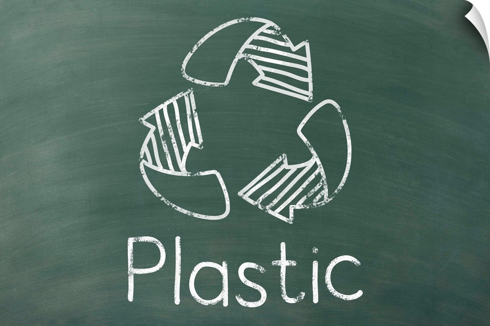 Recycling symbol with "Plastic" written underneath in white on a green chalkboard background.