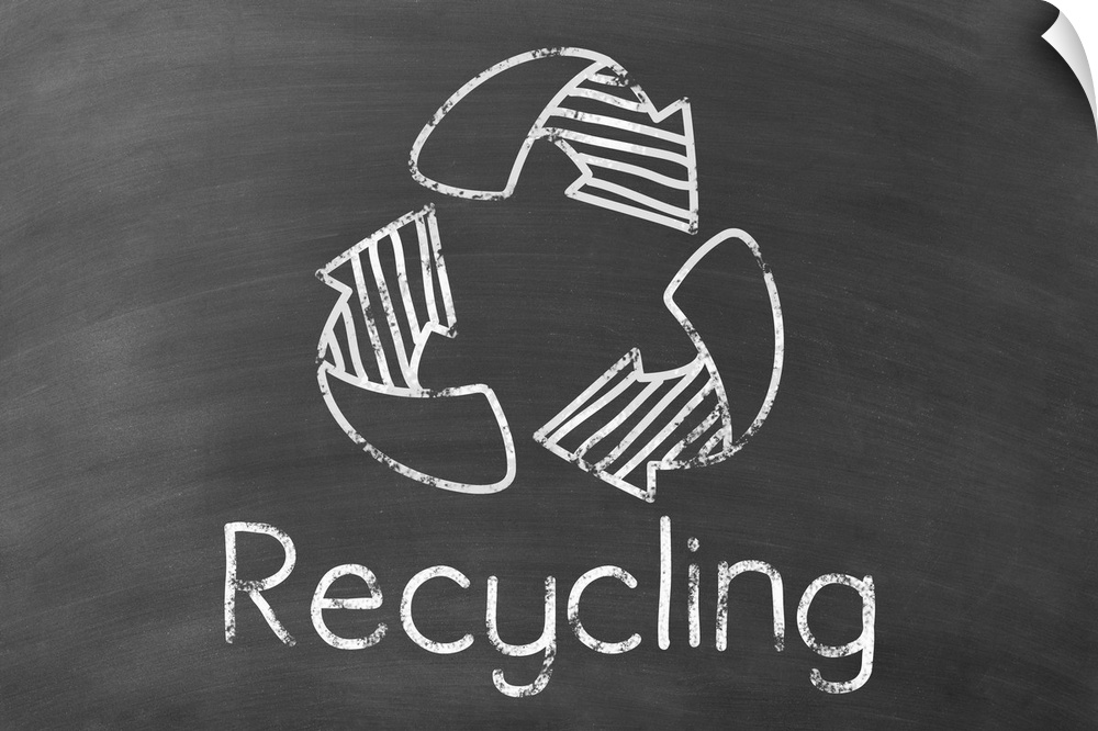 Recycling symbol with "Recycling" written underneath in white on a black chalkboard background.